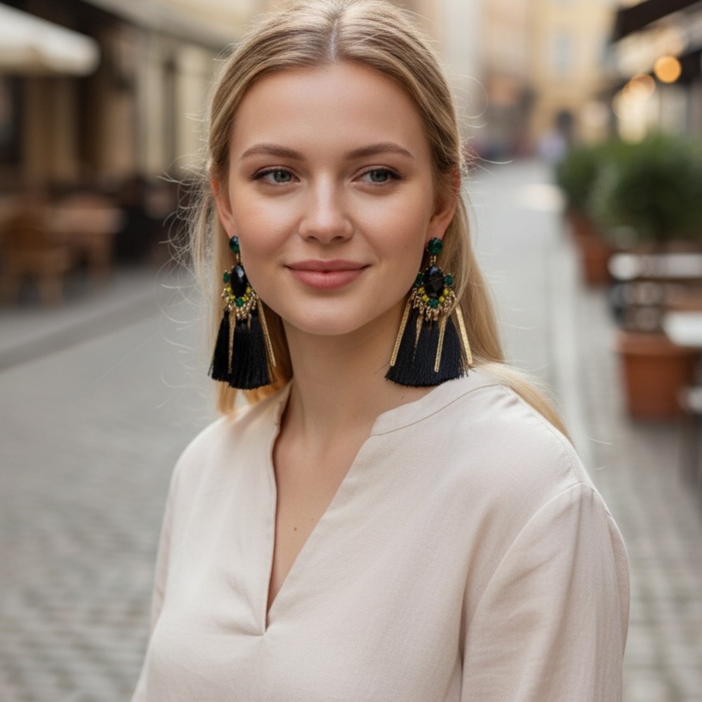 NEW•Serpentine Green & Black Onyx Fringed Glam Earrings